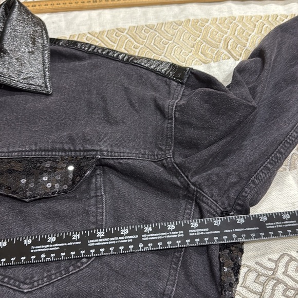 (P1) ASOS DESIGN oversized sequin and leather denim jacket in washed black,Sz L - Picture 10 of 16